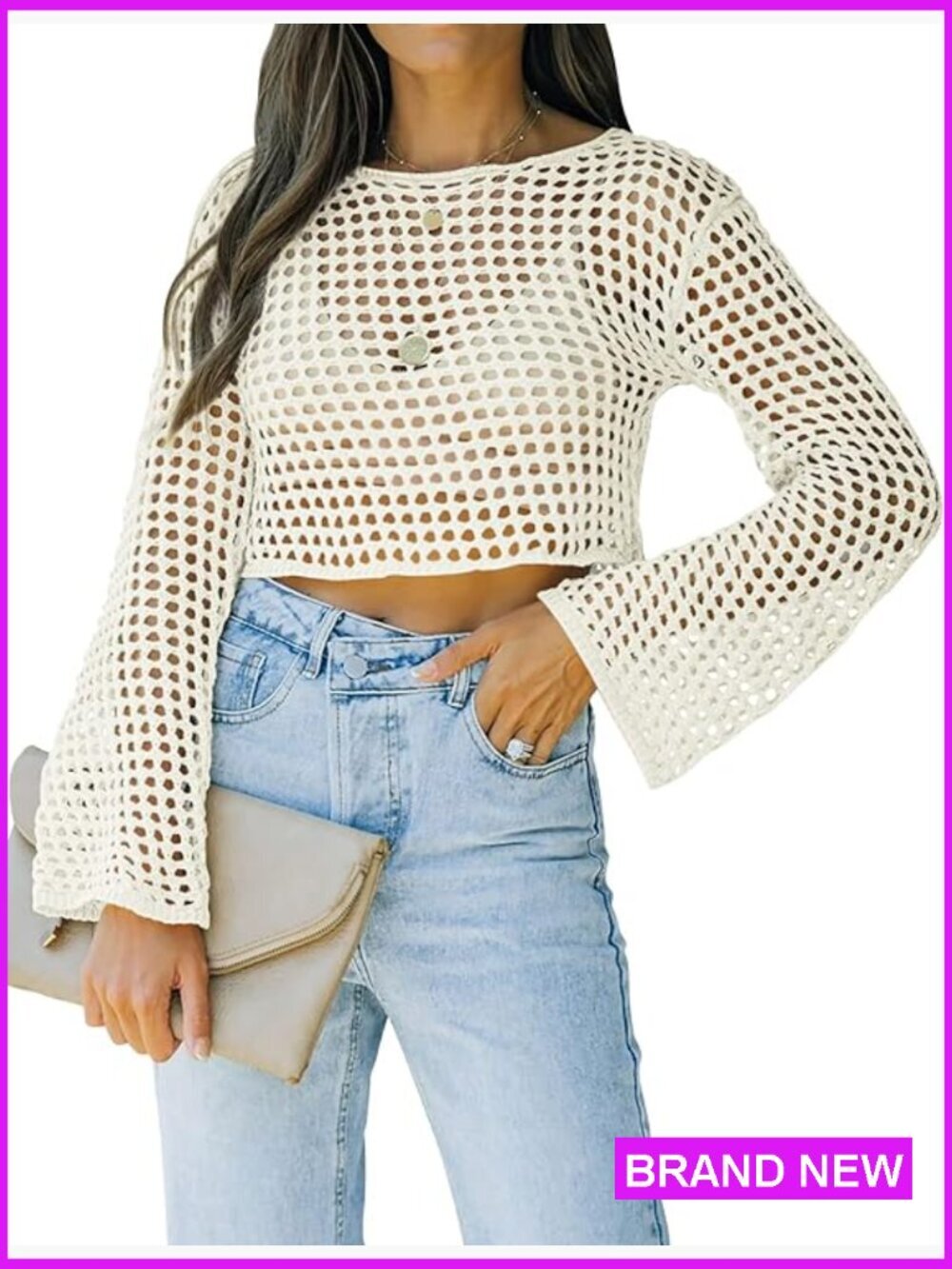 Fishnet Crochet Crop Top Long Sleeve See Through Mesh Bikini Cover Up Sexy